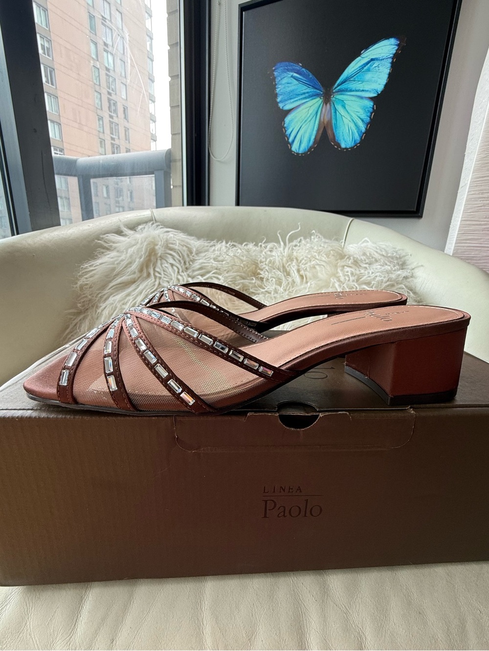 NIB, Ret. $140, Linea Paolo Ivona Slide Sandals in Choco Satin/Mesh | Size 6.5
